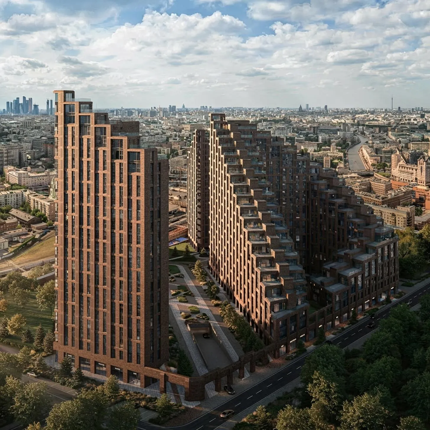 Корпуса Воксхолла с высоты, на горизонте башни Москва-Сити
